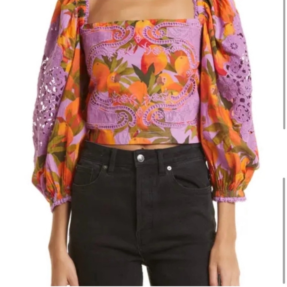 Farm Rio Lilac Mango Macaws Blouse
